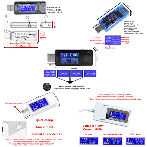 8 in1 QC2.0 3.0 4-30v Electrical power USB capacity voltage tester current meter monitor voltmeter ammeter ► Photo 1/6