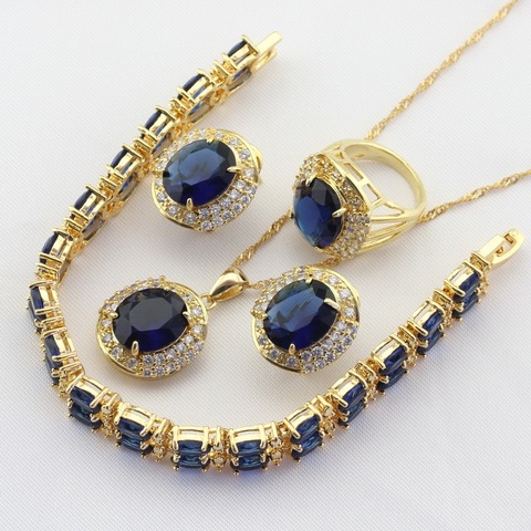 Dark Blue Stones Gold Color Bridal Jewelry Sets For Women Drop Earrings Necklace Pendant Bracelet Rings Free Gift Box WPAITKYS ► Photo 1/6