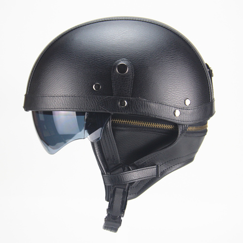 Motorcycle Motorbike Rider Half Open Face PU Leather Helmet with dual lens ► Photo 1/5