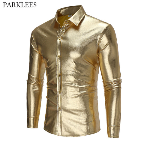 Gold Coated Metallic Paisley Shirt Men 2017 Night Club Wear Shirt