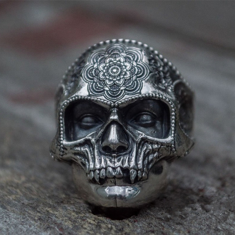 Unique Silver Color 316L Stainless Steel Heavy Sugar Skull Ring Mens Mandala Flower Santa Muerte Biker Jewelry ► Photo 1/6