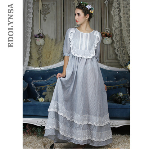 Vintage European Palace Style Nightgown Long Cotton Sleepwear Women Lace Ruffle Appliques Plaid Night Wear Victorian Dress T296 ► Photo 1/1