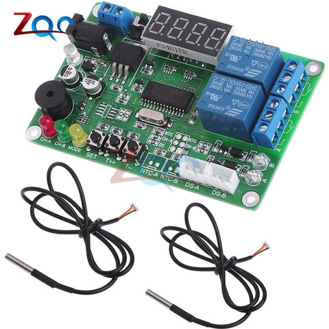 DC 5-24V 2-CH High Precision LED Digital Intelligent Temperature Control Module Thermostat with 2 Cable Probe Thermometer ► Photo 1/6