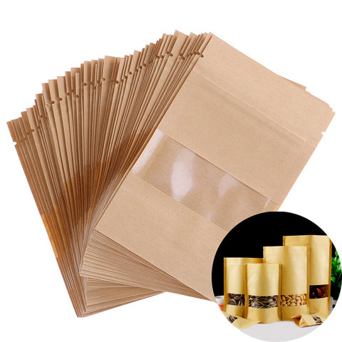 10/50pcs Stand up zip lock kraft Gift paper bag with matte translucent window inside with PE kraft paper pouch ► Photo 1/6
