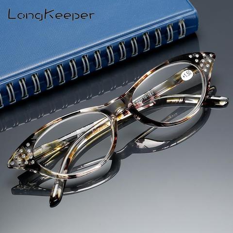 LongKeeper Rhinestone Cat Eye Reading Glasses for Farsighted Floral Women's Spectacles with Diopters Fashion Degree Eyeglasses ► Photo 1/6