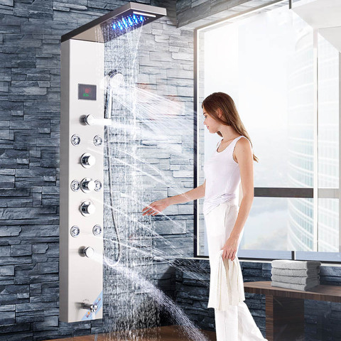 Brushed Nickle ORB Bathroom Luxury Rain Waterfall Mixer Shower Shower Panel LED Light Massage Jet Brass Tub Spout Shower Column ► Photo 1/6