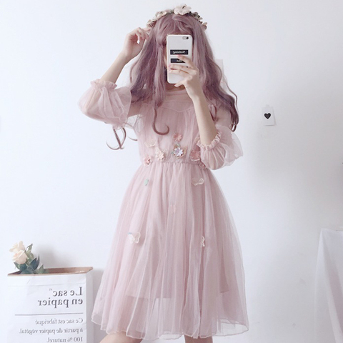 Summer Japanese Lolita Lace Dress Soft Kawaii Floral Vintage Flowers Women Sexy Clothing Sweet Pleated Femme Two Piece Sets ► Photo 1/6