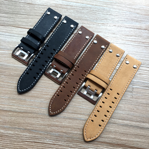 22mm Mate Brown Black Khaki Calf Leather Strap for Hamilton Watchband Mens Rivet Military Pilot Seiko bracelet U-boat Oris Belt ► Photo 1/6