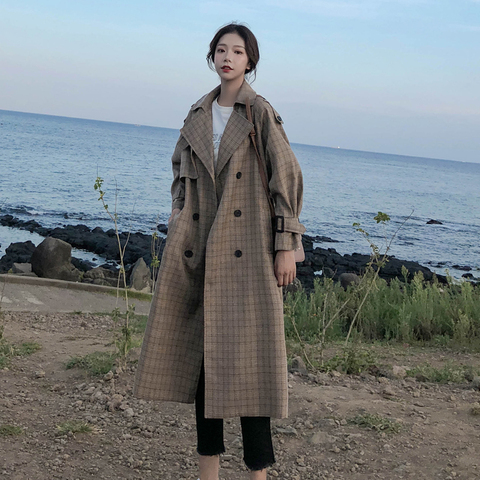 Korean Style Ladies Trench Coat Plaid Long Double Breasted Belted Oversize Loose Women Duster Coat Outerwear with Storm Flaps ► Photo 1/6