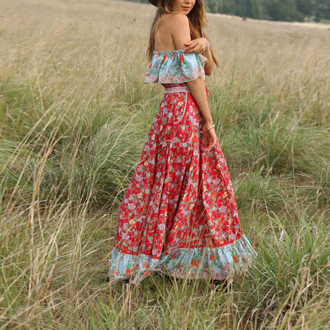 38# 2022 Bohemian Dress Women Off The Shoulder Boho Long Dresses Ruffle Vintage Tied High Waist Summer Floral Dress Summer ► Photo 1/6