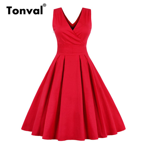Tonval Red Pleated Plain Solid Vintage Dress Women Wrap V-Neck Belted Elegant Party Retro Cotton Summer Dresses ► Photo 1/6