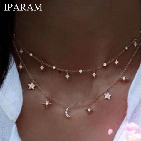 Bohemian Multilayer Crystal Stars Moon Necklace Women's Vintage Layered Gold Collar Necklace Fashion Jewelry 2022 Party Gift Jew ► Photo 1/6