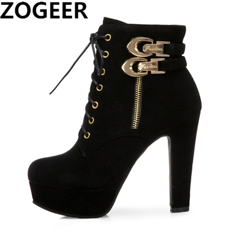 Fashion Women's Ankle Boots Heeled Platform Short Boots Women Shoes Fashion Buckle Flock Zipper Ladies Shoes Large Size 48 ► Photo 1/6