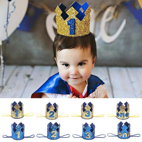 1 2 3 Years Old Birthday Hat Baby Shower Decorative Headband Children's Party Crown Hat Blue Gold  Birthday Crown Party Hats ► Photo 1/6
