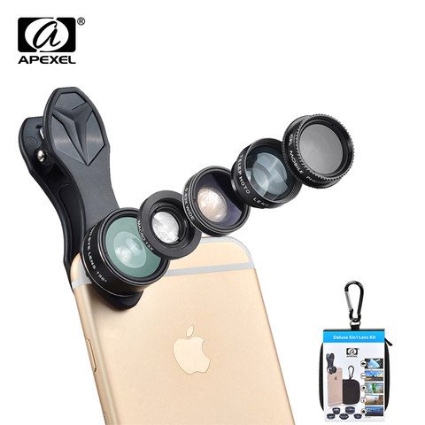 APEXEL 5 in 1 Fisheye Wide Angle Macro lens Telescope telephoto lens CPL Mobile Phone mini camera lens for iPhone Samsung xiaomi ► Photo 1/6