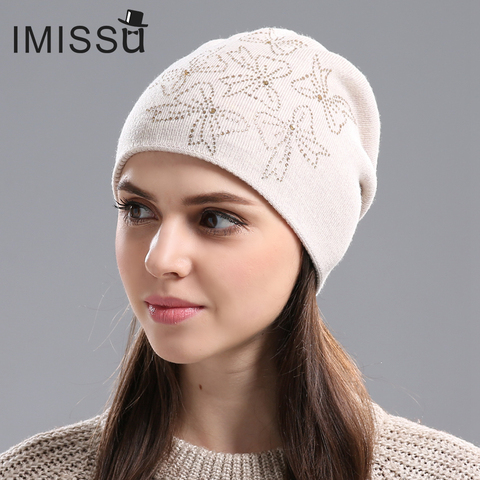 IMISSU Women's Winter Hats Knitted Real Wool Beanie Casual Hat with Crystal Bow Solid Colors Ski Gorros Cap Casquette for Women ► Photo 1/5