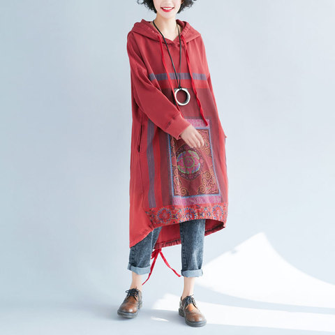 Women Oversize Hooded Dress Loose Retro Casual Printed Plus Size Dress irregular Knitted Cotton Vintage Baggy Bat Sleeve Dress ► Photo 1/6