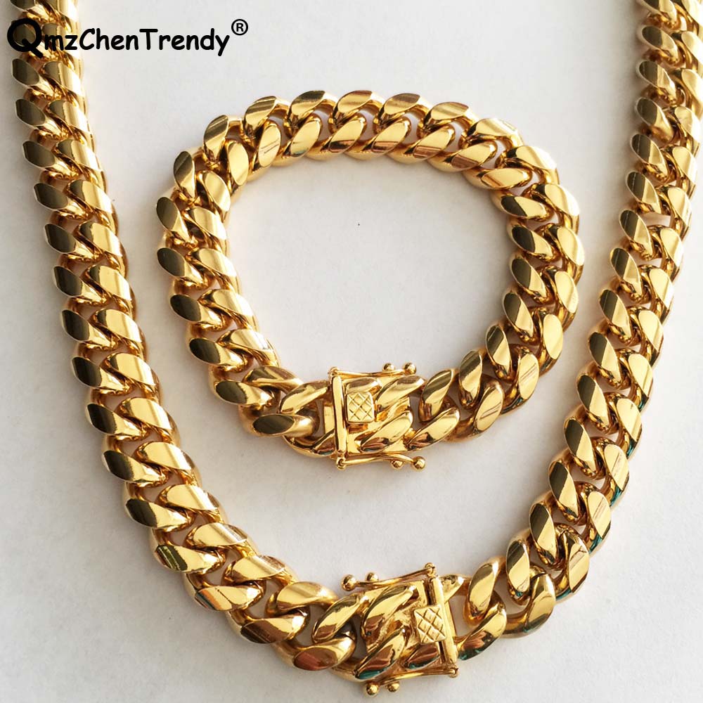 Stainless Steel Gold Miami Cuban Curb Link Chain Necklace Bracelet Set 8-14mm