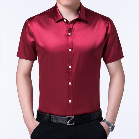 High Quality Summer Mens Silk Shirts Pure Color Male Casual Satin Dress Short Sleeve Soft Clothes ► Photo 1/6