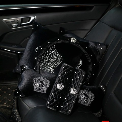 Diamond Crystal Crown Series Car Seat Inerior Accessories Plush Fur Auto Steering Wheel Covers Headrest Seatbelt Shifter Cover ► Photo 1/6