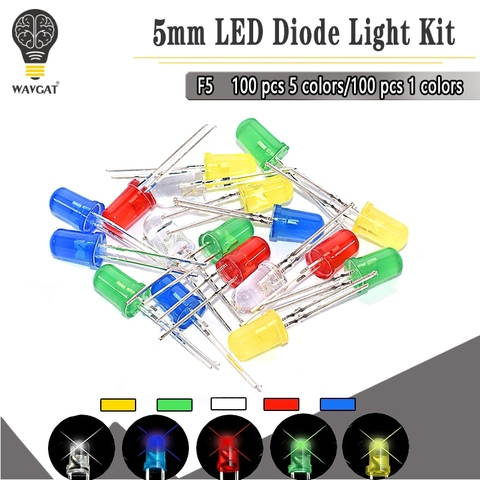 100PCS 5MM F5 LED Diode 5 mm Light Assorted Kit Green Blue White Yellow Red COMPONENT DIY kit ► Photo 1/6