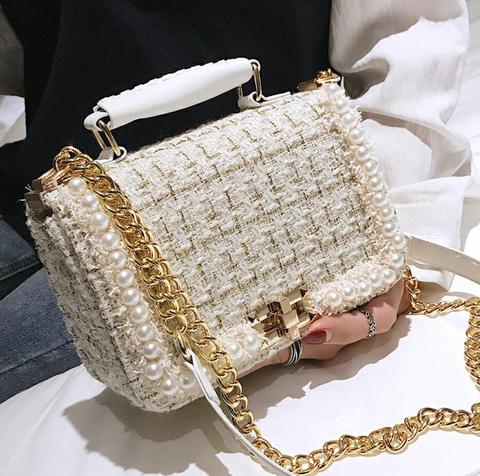 2022 Fashion New Female Square Tote bag Quality Woolen Pearl
