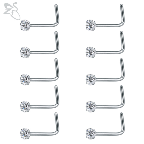 ZS 10 pcs/lot 20G Nose Piercing Jewelry 316L Stainless Steel Nose Rings Clear Crystals L-shape Piercing Nez Piercing Nariz Rings ► Photo 1/6