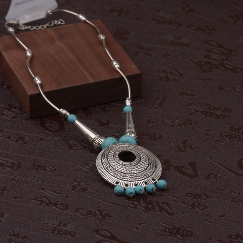 TopHanqi Gypsy Jewelry Bohemian Ethnic Long Chains Necklaces Women Alloy Big Round Shaped With Blue Beads Statement Necklace ► Photo 1/6