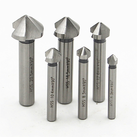 Round Shank 6pcs/Set 3 Flute HSS Hard Metals Natural Color Three Edge Chamfer Chamfering End Mill Cutter Countersink Drill Bit ► Photo 1/6