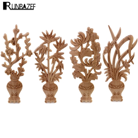 RUNBAZEF Flower Carving Natural Wood Appliques Carved Wooden Vase Unpainted Mouldings Decal Decorative Figurine Vintage Home ► Photo 1/5