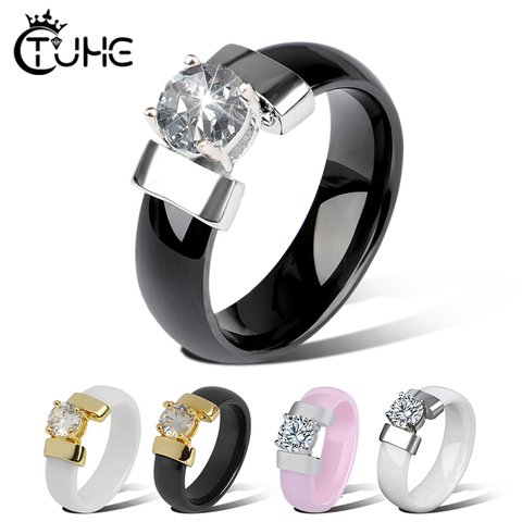 New Style 6mm Ceramic Rings Black White Ring With Cubic Zirconia For Women Gold Metal Smooth Wedding Ring Engagement Jewelry ► Photo 1/6