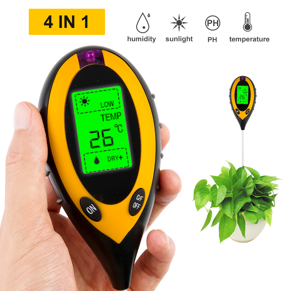 4 In 1 LCD Temperature Sunlight Moisture PH Garden Soil Gardening Detector 
