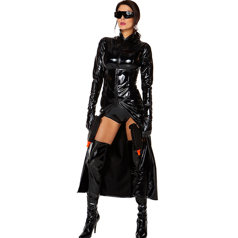 Black Suits Tight Trench The Matrix Neo Costume Gothic SteamPunk Faux Leather Stand Neck Role Trinity Latex Cosplay Coat ► Photo 1/5
