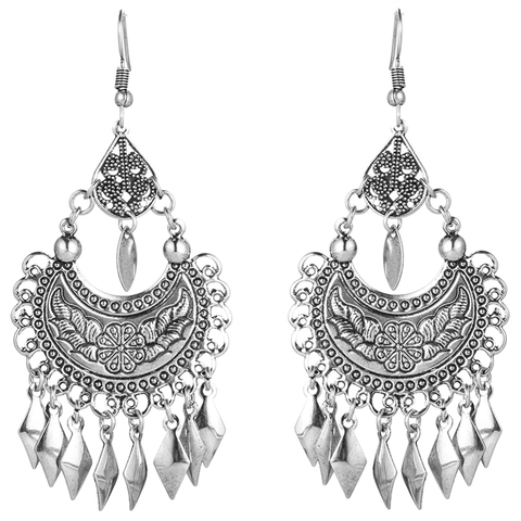 Indian jewelry Ethnic silver color metal tassel pendant earrings for women Bohemian moon shaped flower totem drop earring gifts ► Photo 1/6