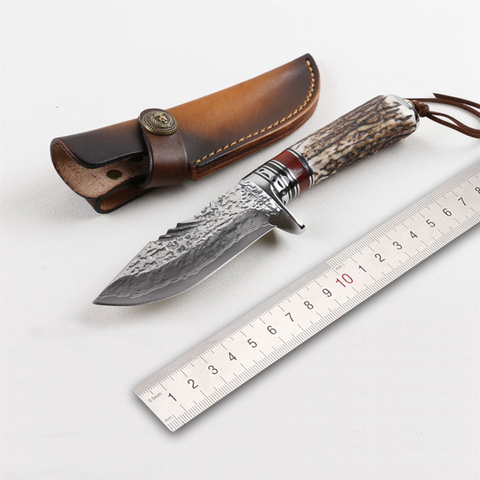 Free shipping  Damascus straight knife sharp outdoor camping tool with antlers handle knife Straight knife ► Photo 1/6