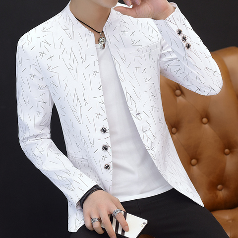 HOO 2022Men 's casual collar collar blazers youth handsome trend Slim print blazers   5XL   6XL ► Photo 1/3