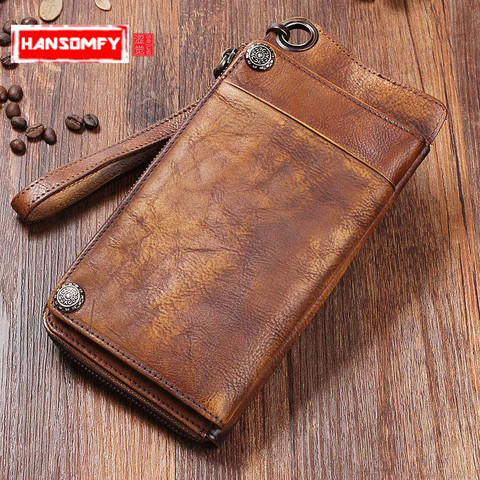 Handmade Men Genuine Leather Wallet Long Wallet Retro Men Hand Bag Leather Large Capacity Zipper Phone Bag Organizer Vintage ► Photo 1/6