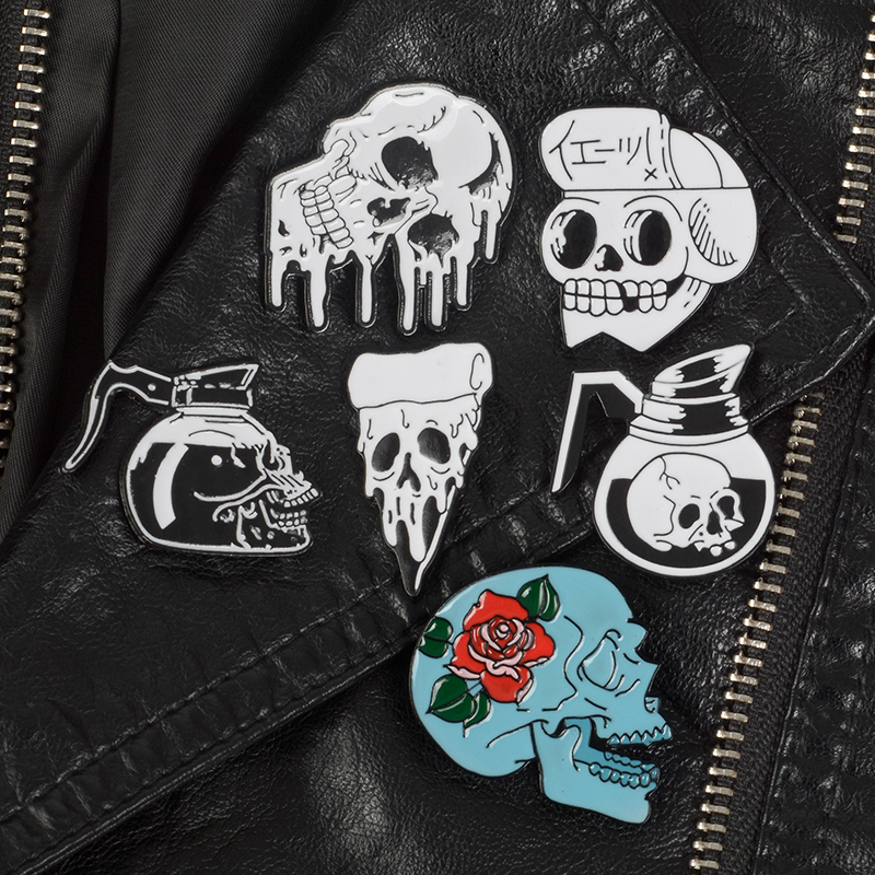 1-6pcs/set Punk Dark Brooch Collection Enamel Pins Skull Bat Witch Skeleton  Coffin Pin Button Metal Badge Halloween Gift Jewelry