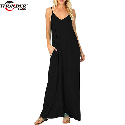 Women Long dress Female Summer V Neck Spaghetti Strap Plain Flowy Pockets Loose Beach Cami Maxi Dress Casual Sundress Robe Femme ► Photo 1/1