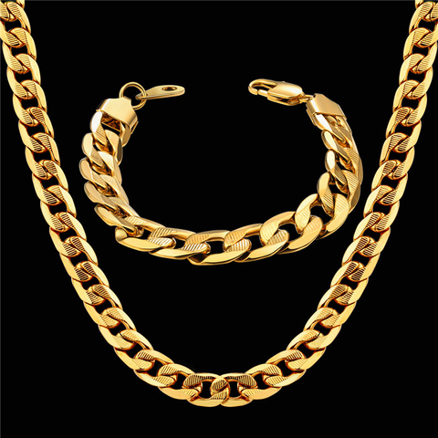 Men Women's Dubai Jewelry Sets Gold Color Stainless Steel Necklace Bracelet Set Hiphop Curb Cuban Thick Chain Wholesale Jewelry ► Photo 1/6