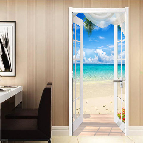 PVC Self-adhesive Door Sticker Window Sandy Beach Seascape 3D Photo Wallpaper Mural Living Room Bedroom Door Decoration Stickers ► Photo 1/6