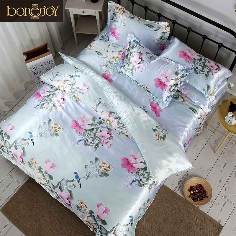 Satin Silk Floral Duvet Cover Pillowcases Set Single/Double/King Bedding Set 