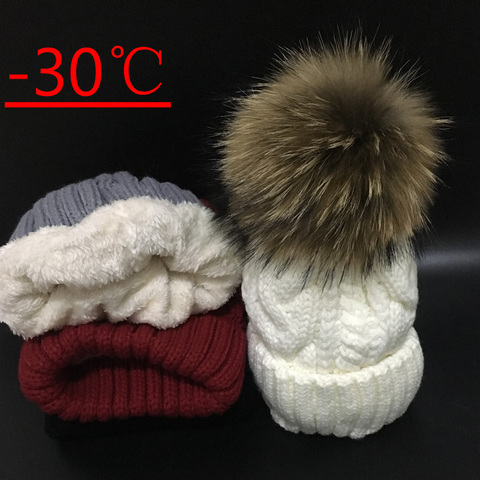 2022 Women's hats Add velvet Fleece Inside Beanies Winter Hats for women 100% Raccoon Fur Pompom Hat Female Twist pattern caps ► Photo 1/6