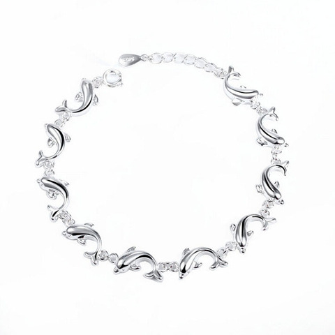 100% 925 Sterling Silver Minimalist Jewelry Pure Dolphin Bracelet Silver Plated Size 16+5cm Drop Shipping ► Photo 1/1