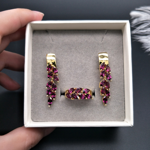 natural gemstone rhodolite set jewelry 925 sterling silver ring and earrings simple style for girl & women birthday fine gift ► Photo 1/6