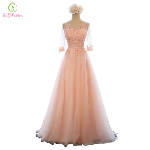 Evening Dress SSYFashion Banquet Sweet Pink Scoop Neck Half Sleeve Transparent Lace Embroidery A-line Long Prom Formal Dress ► Photo 1/6