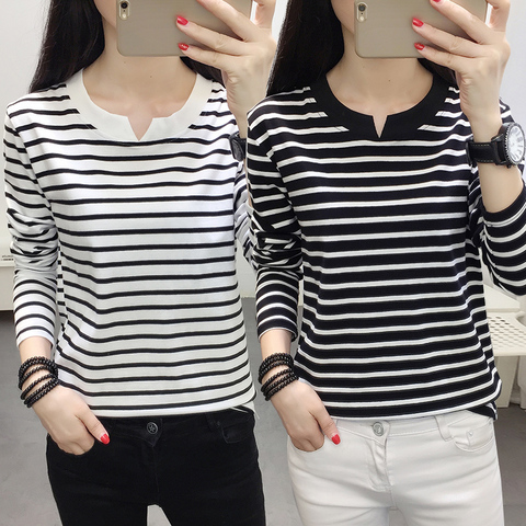 Oversized Autumn Women's T-shirt 2022 Korean New stripe V Neck Tops Plus Size 4XL 5XL Casual Female Long sleeve Cotton Shirt ► Photo 1/5