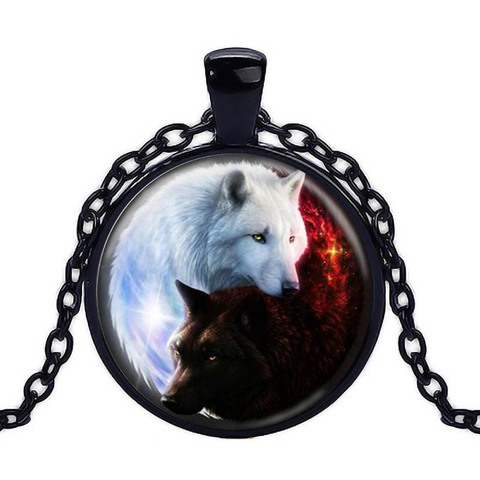 Mens necklace Fashion Charm Blue Eyes Wolf Art Picture Round Glass Pendant Necklace Gift Jewelry 
