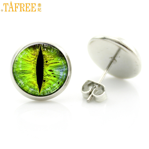 TAFREE bright color glass cabochon evil dragon eye stud earrings fashion jewelry trendy animal  eye picture women charms D638 ► Photo 1/5