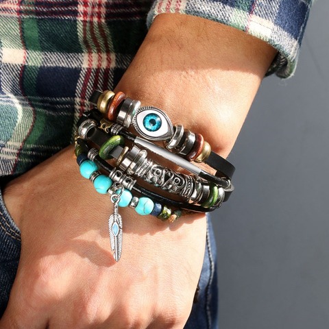 Fashion Turkey Blue Eyes Leather Bracelets Hemp Braided Alloy Hand